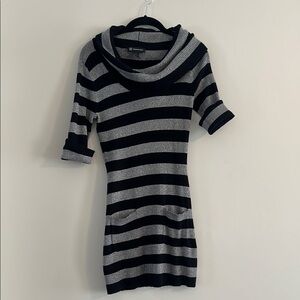 INC International Concepts Black and Silver Striped Cowl Neck Sweater Dress M